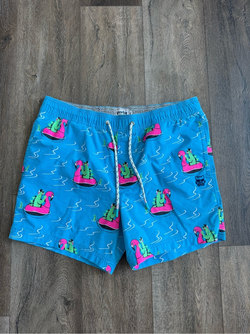 Party Pants Blue Swim Shorts Trunks with Flamingo Float Dinosaurs Men’s Size L